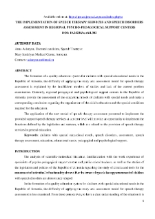 The Implementation Of Speech Therapy Services And Speech Disorders Assessment In Regional Psycho-Pedagogical Support Centers