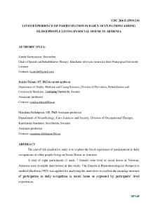 Lived experience of participation in daily occupations among older people living in social house in Armenia