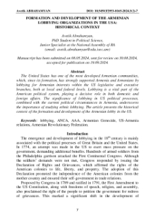 Formation and Development of the Armenian Lobbying Organizations in the USA: Historical Context