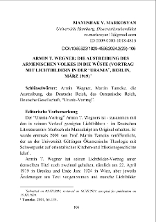 Armin T. Wegner: Die Austreibung des armenischen Volkes in die Wüste (Vortrag mit Lichtbildern in der “Urania”, Berlin, März 1919)