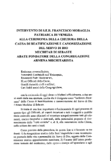 Intervento di S.E.R. Francesco Moraglia Patriarca di Venezia alla Cerimonia della Chiusura della Causa di Beatificazione e Canonizzazione del Servo di dio Mechitar di Sebaste Abate Fondatore della Congregazione Armena Mechitarista