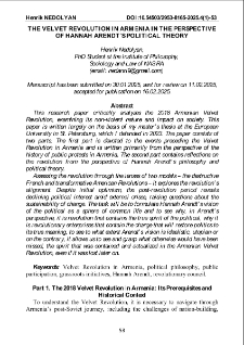 The Velvet Revolution In Armenia In The Perspective Of Hannah Arendt’s Political Theory