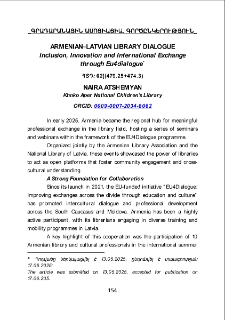 Armenian–Latvian Library Dialogue. Inclusion, Innovation and International Exchange through Eu4dialogue*