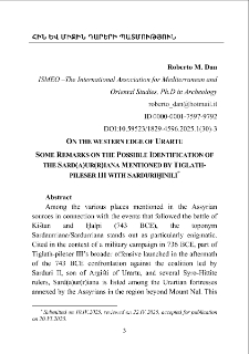 On The Western Edge Of Urartu Some Remarks On The Possible Identification Of The Sard(A)Ur(R)Iana Mentioned By Tiglath-Pileser III With Sarduriḫinili*
