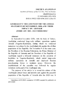 Azerbaijan's Violations of the Trilateral Statement of November 9, 2020, and Their Impact on Artsakh (February 2021 - December 2022)