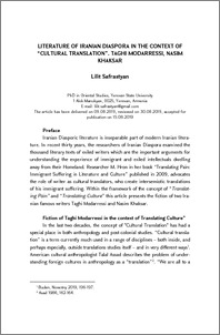 Literature of Iranian Diaspora in the Context of “Cultural Translation”. Taghi Modarressi, Nasim Khaksar