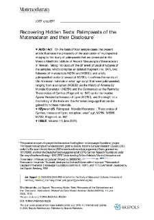 Recovering Hidden Texts: Palimpsests of the Matenadaran and their Disclosure