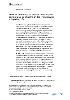 David et les modes de division : une analyse comparative du chapitre 21 des Prolégomènes à la philosophie