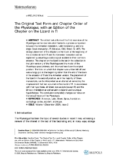 The Original Text Form and Chapters Order of the Physiologus, with an Edition of the Chapter on the Lizard