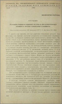 О влиянии мощности корневой системы на фотосинтетическую активность листьев и накопление хлорофилла