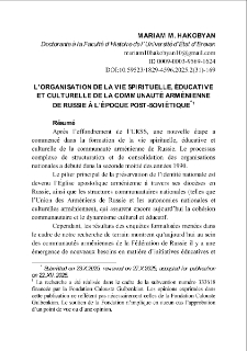 L&rsquo;organisation de la vie Spirituelle, Educative et Culturelle de la Communaute Armenienne de Russie A L&rsquo;epoque Post-Sovietique