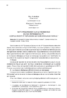 Note Preliminaire Sur Le Monnayage Du Roi Mithradates Ier, -Corpus Inedit Et Reflexion Sur Son Ideologie Royale