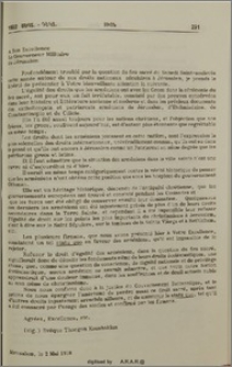 Երուսաղէմի Կառավարչին՝ Միստր Սթորսին (1918), ֆրանսերէն նամակ «Զատկի Լուսաւորեայի» իրաւանց մասին