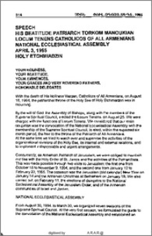 Speech His Beatitude Patriarch Torkom Manoukian Locum Tenens Catholicos of All Armenians National Ecclesiastical Assembly. April 3, 1995 Holy Etchmiadzin