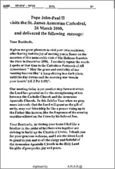 Pope John-Paul II visits St. James՝ Armenian Cathedral, 26 March 2000, and delivered message