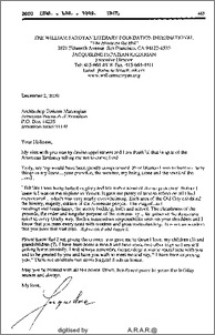 Letter from the William Saroyan Foundation to Abp. Torkom Manoogian