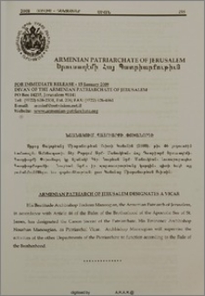 Ս. Յակոբեանց Միաբանութեան Ուխտի Կանոնին համաձայն Պատրիարքի Փոխանորդի նշանակում
