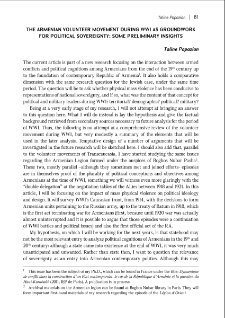 The Armenian Volunteer Movement during WWI as Groundwork for Political Sovereignty: Some Preliminary Insights
