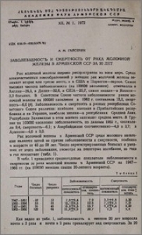 Заболеваемость и смертность от рака молочной железы в Армянской ССР за 20 лет