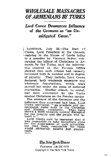 Wholesale Massacres of Armenians by Turks (New York Times, 1915-07-29)