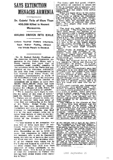 Says Extinction menaces Armenia (New York Times, 1915-09-25)
