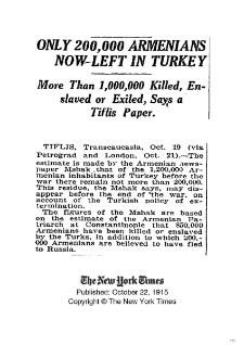 Only 200,000 Armenians now left in Turkey (New York Times, 1915-10-22)