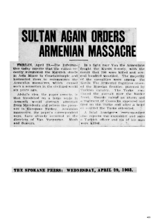 Sultan again orders Armenian Massacre (The Spokane Press)
