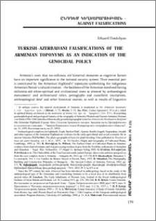 Turkish – Azerbaijani Falsifications of the Armenian Toponyms as an Indication of the Genocidal Policy