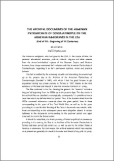 The archival documents of the Armenian Patriarchate of Constantinople on the armenian immigrants in the USA (End of XIX-Beginning of XX Centuries)