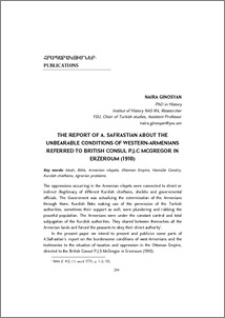 The Report Of A. Safrastian about the Unbearable Conditions Of Western-Armenians Referred to British Consul P.J.C Mcgregor in Erzeroum (1910)