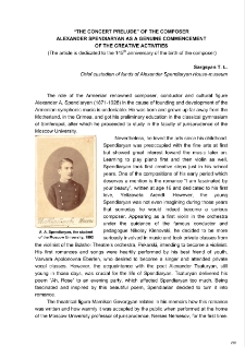 “The Concert Prelude” of the composer Alexander Spendiaryan as a genuine commencement of the creative activities (The article is dedicated to the 145th anniversary of the birth of the composer)