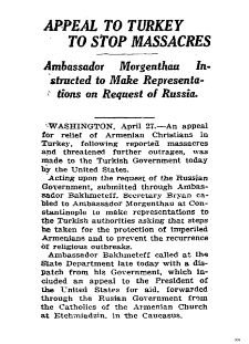 Appeal to Turkey to stop Massacres (New York Times)