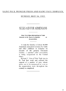 Seeks aid for Armenians (Saint Paul Pioneer Press and Saint Paul Dispatch)